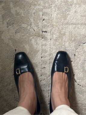 Salvatore Ferragamo Navy Leather Low Heel Pumps with Gold Hardware